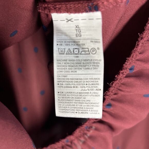 Old Navy XL Burgundy Long Sleeve Peplum Blouse Blue Polka Dots Drawstring Neck - Picture 5 of 6